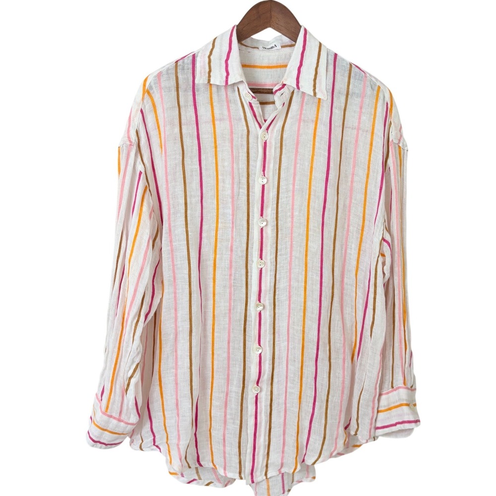 Vitamin A Button Down Shirt Womens XL White Pink Orange Stripe Linen Light Vacay